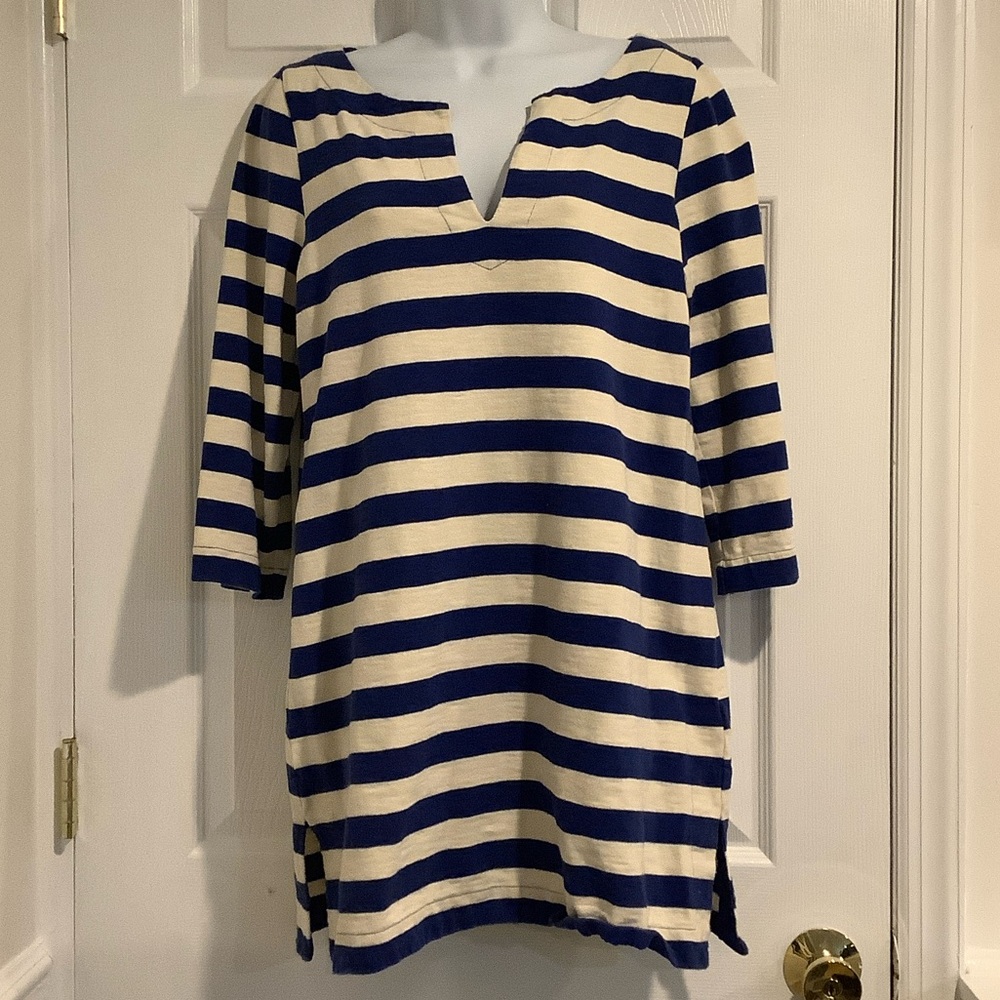 J. CREW 100% Cotton Cream/Blue Stripe Coastal Grandma Nautical Summer Dress M